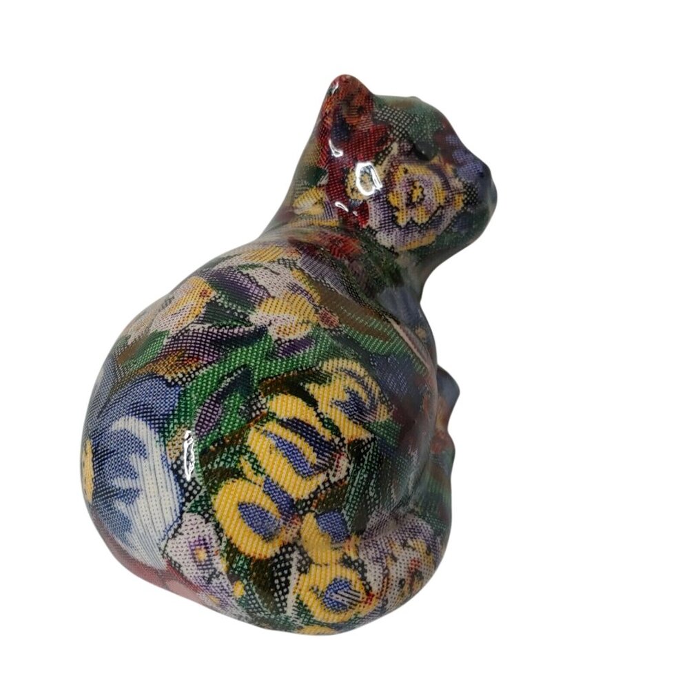Chintz Calico Cat Floral Figurine Fabric Covered Cat Ceramic Maroon Blue Yellow - Picture 7 of 7